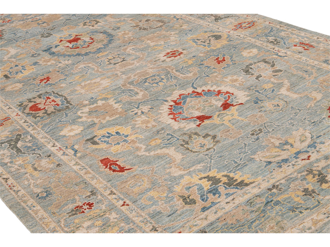 Modern Sultanabad Handmade Blue Floral Wool Rug