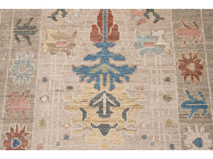 Modern Sultanabad Handmade Beige Geometric Floral Long Wool Runner