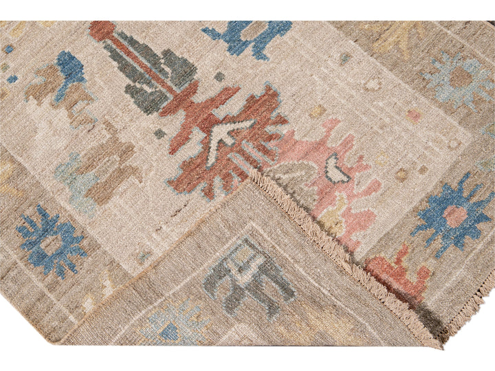 Modern Sultanabad Handmade Beige Geometric Floral Long Wool Runner