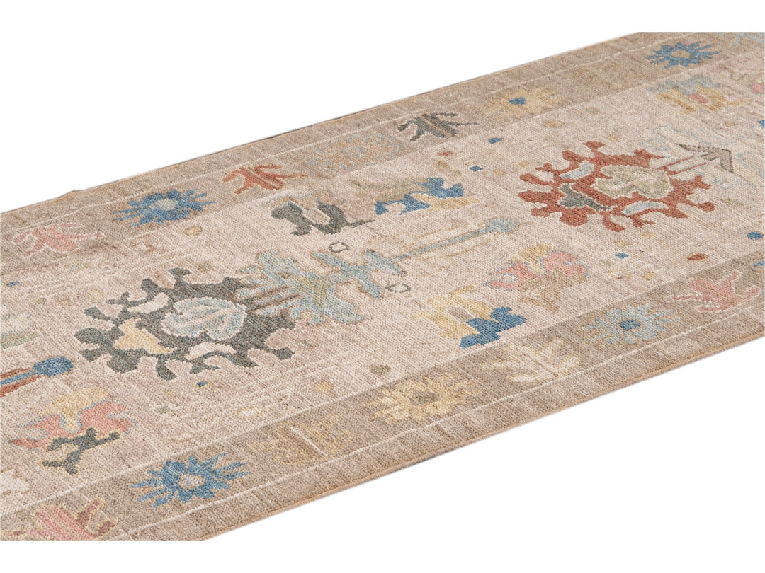Modern Sultanabad Handmade Beige Geometric Floral Long Wool Runner