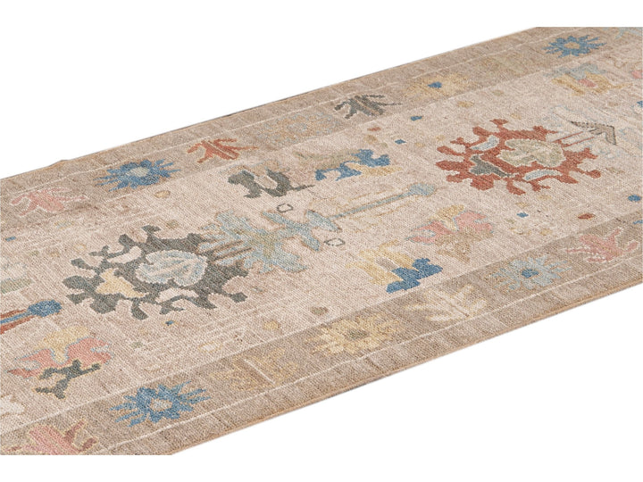 Modern Sultanabad Handmade Beige Geometric Floral Long Wool Runner