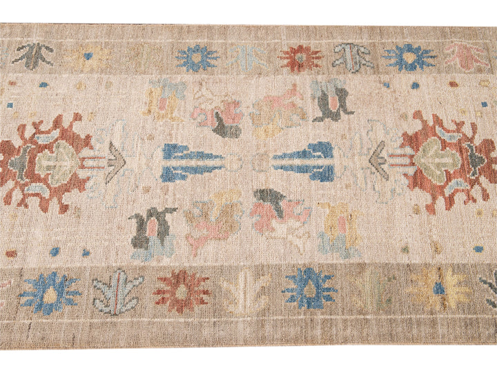 Modern Sultanabad Handmade Beige Geometric Floral Long Wool Runner