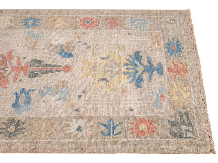 Modern Sultanabad Handmade Beige Geometric Floral Long Wool Runner