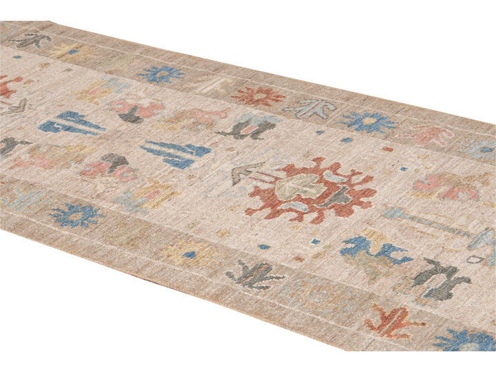 Modern Sultanabad Handmade Beige Geometric Floral Long Wool Runner