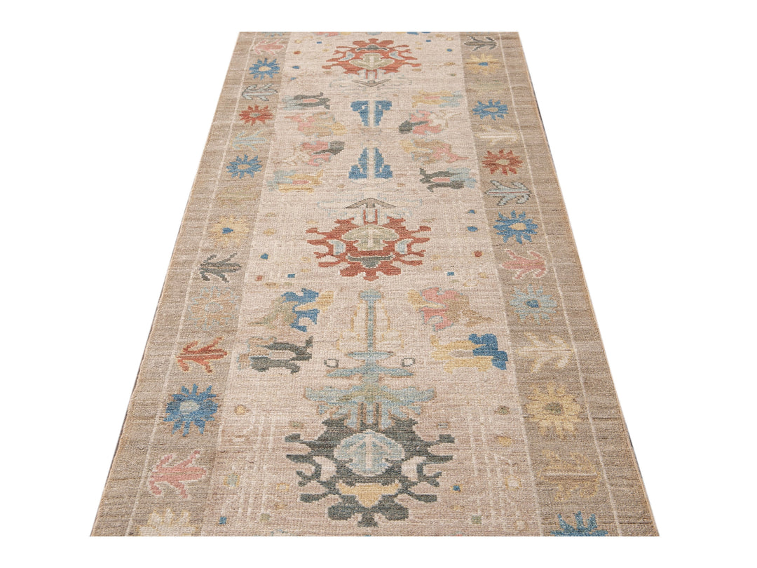 Modern Sultanabad Handmade Beige Geometric Floral Long Wool Runner