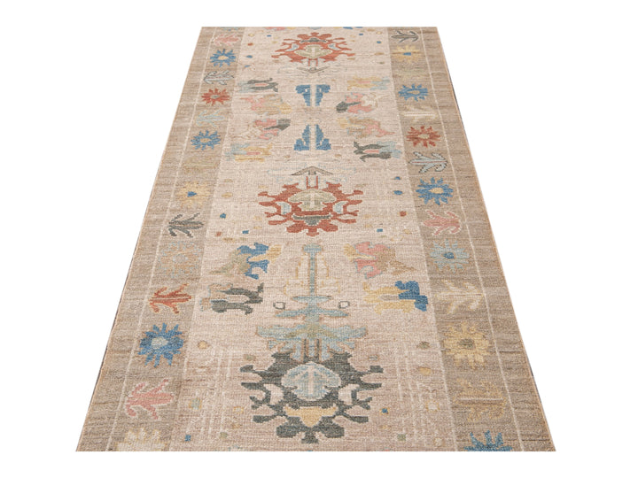 Modern Sultanabad Handmade Beige Geometric Floral Long Wool Runner