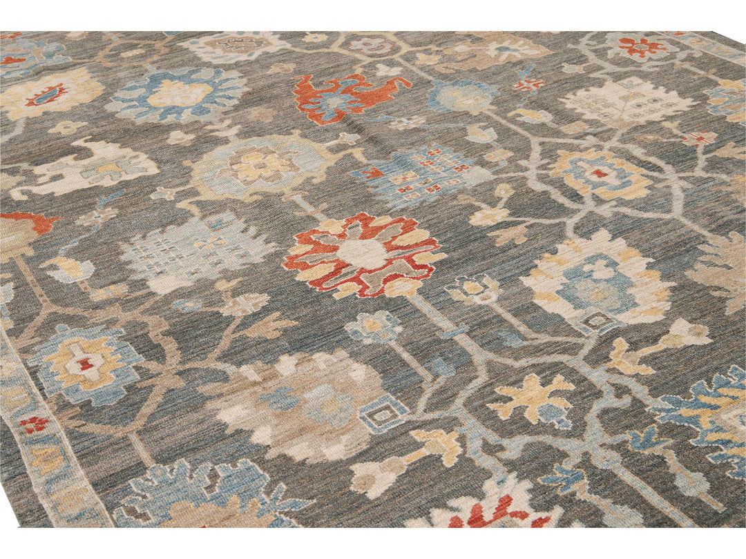Modern Sultanabad Gray Handmade Floral Designed Wool Rug