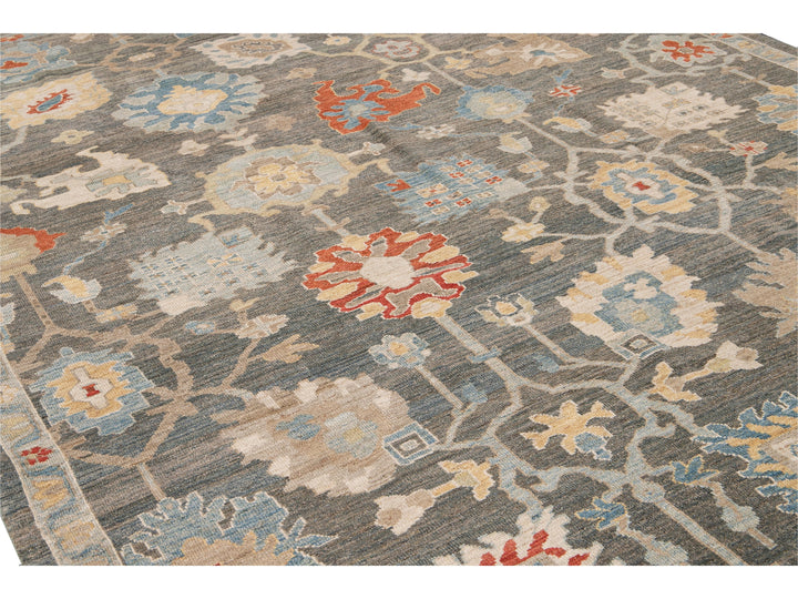 Modern Sultanabad Gray Handmade Floral Designed Wool Rug