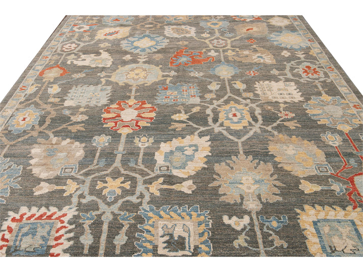 Modern Sultanabad Gray Handmade Floral Designed Wool Rug