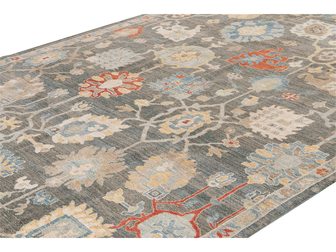Modern Sultanabad Gray Handmade Floral Designed Wool Rug