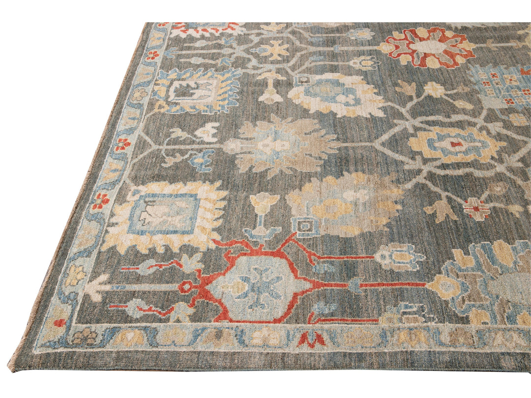 Modern Sultanabad Gray Handmade Floral Designed Wool Rug