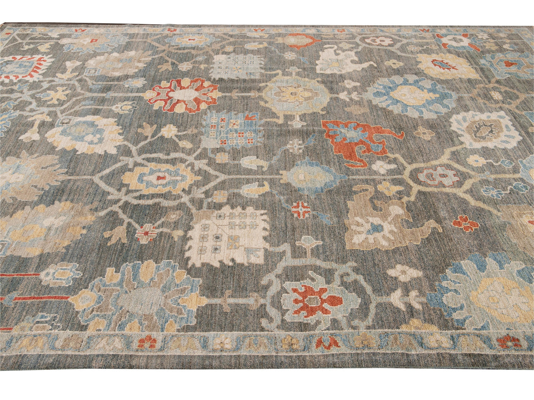 Modern Sultanabad Gray Handmade Floral Designed Wool Rug