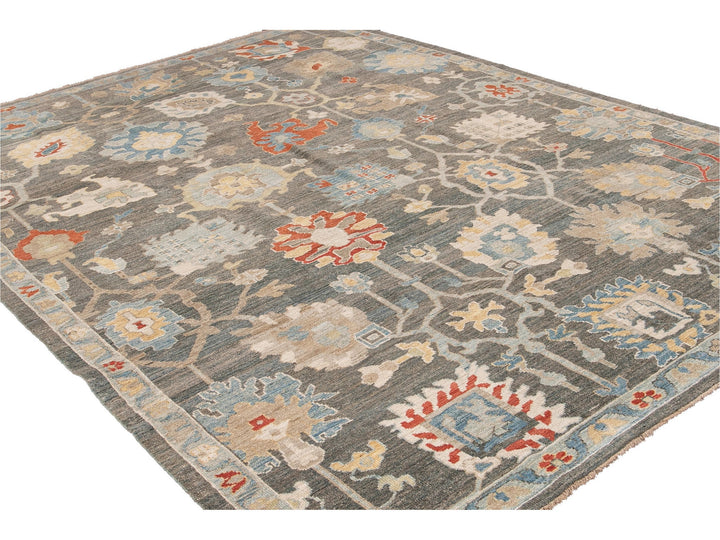 Modern Sultanabad Gray Handmade Floral Designed Wool Rug