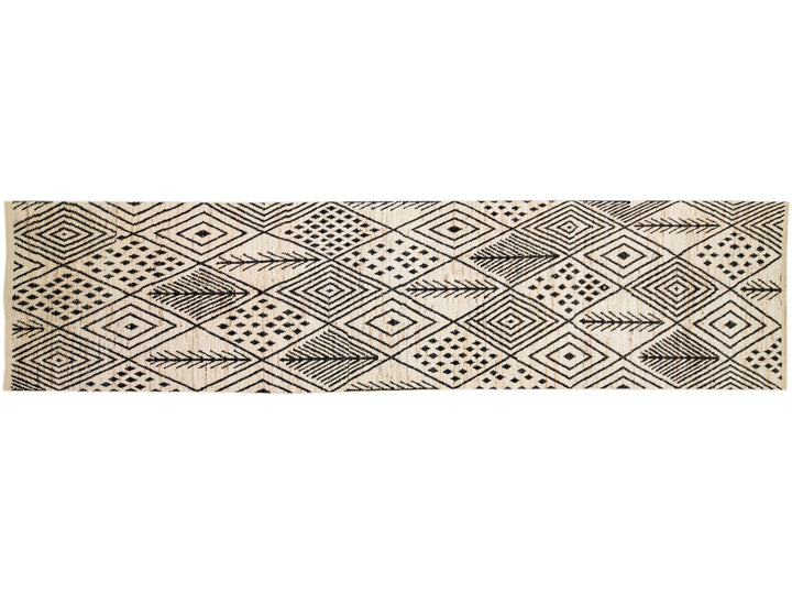 Modern Moroccan Style Handmade Ivory Wool Runner with Tribal Design