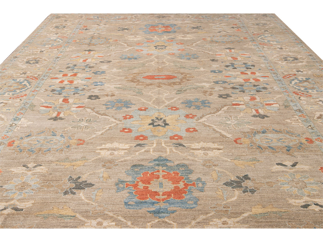 Modern Sultanabad Handmade Beige Floral Oversize Wool Rug