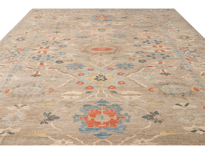 Modern Sultanabad Handmade Beige Floral Oversize Wool Rug