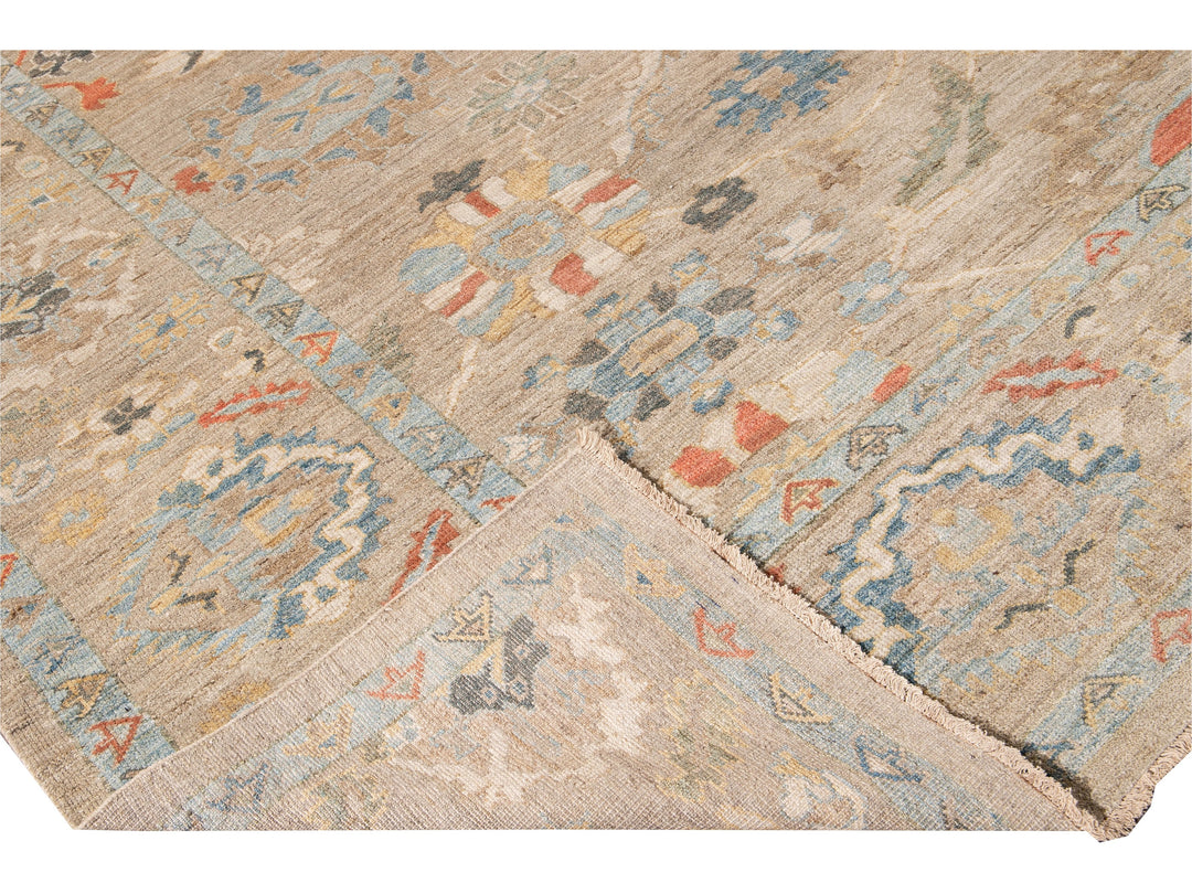 Modern Sultanabad Handmade Beige Floral Oversize Wool Rug