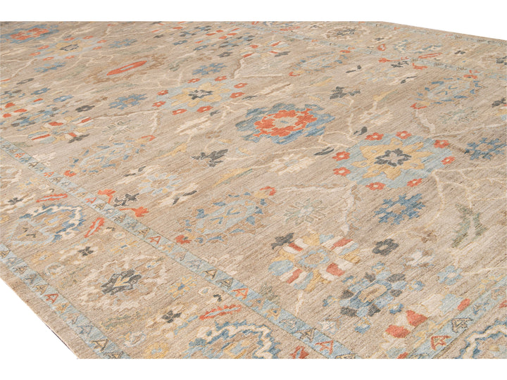 Modern Sultanabad Handmade Beige Floral Oversize Wool Rug