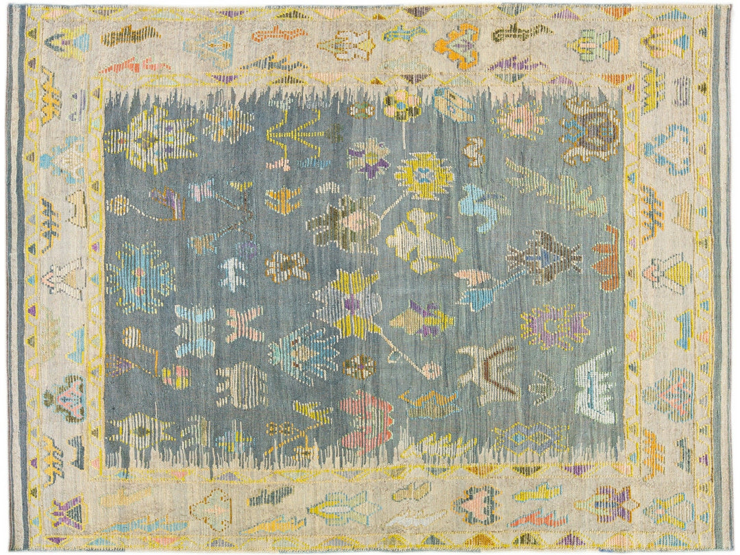 Modern Gray Turkish Oushak Handmade Multicolor Pattern Wool Rug