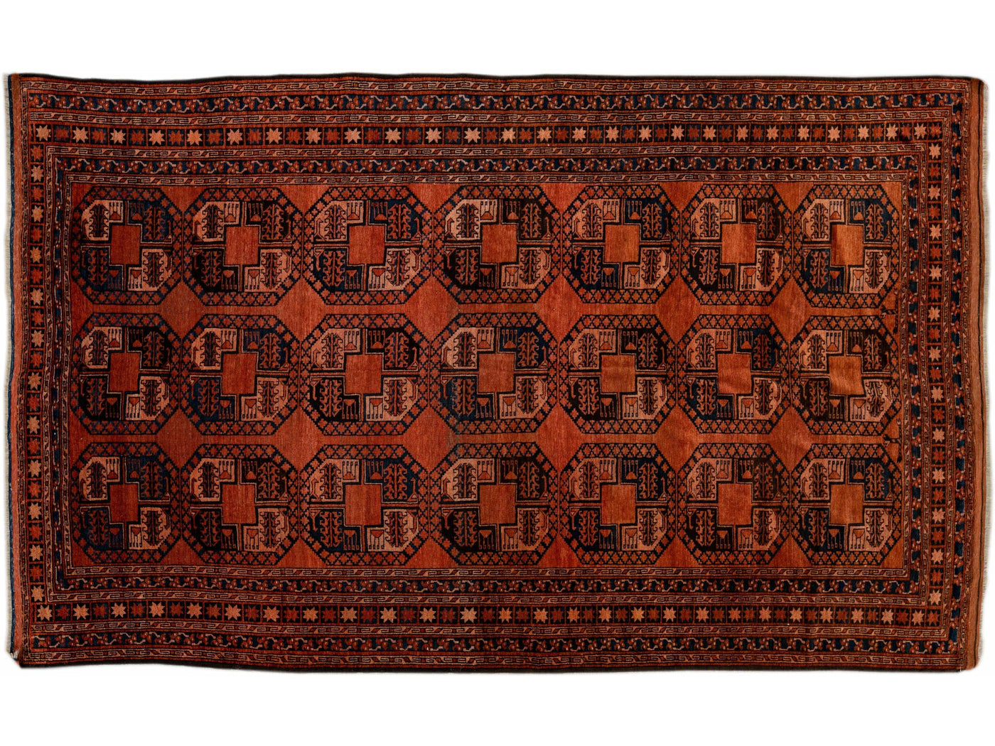 Orange Vintage Persian Turkmen Handmade Geometric Pattern Wool Rug