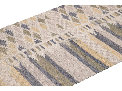 Modern Swedish Style Gray and Beige Handmade Geometric Abstract Long Wool Runner