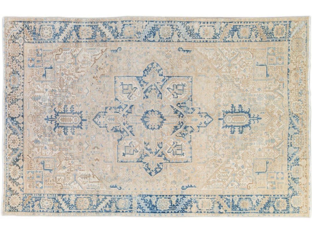 Antique Persian Heriz Handmade Medallion Beige Wool Rug