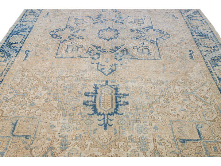 Antique Persian Heriz Handmade Medallion Beige Wool Rug