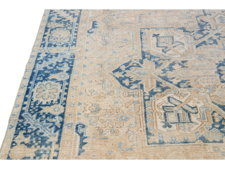 Antique Persian Heriz Handmade Medallion Beige Wool Rug