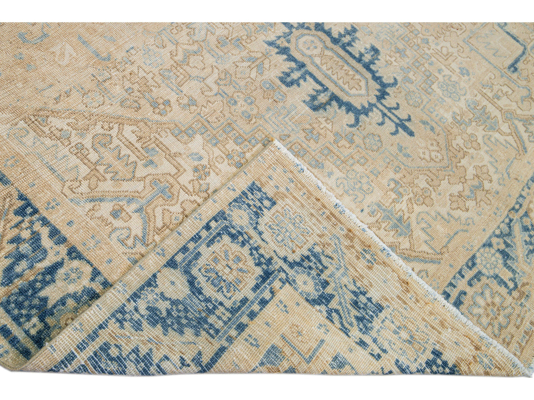 Antique Persian Heriz Handmade Medallion Beige Wool Rug