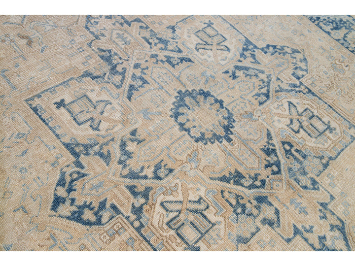 Antique Persian Heriz Handmade Medallion Beige Wool Rug