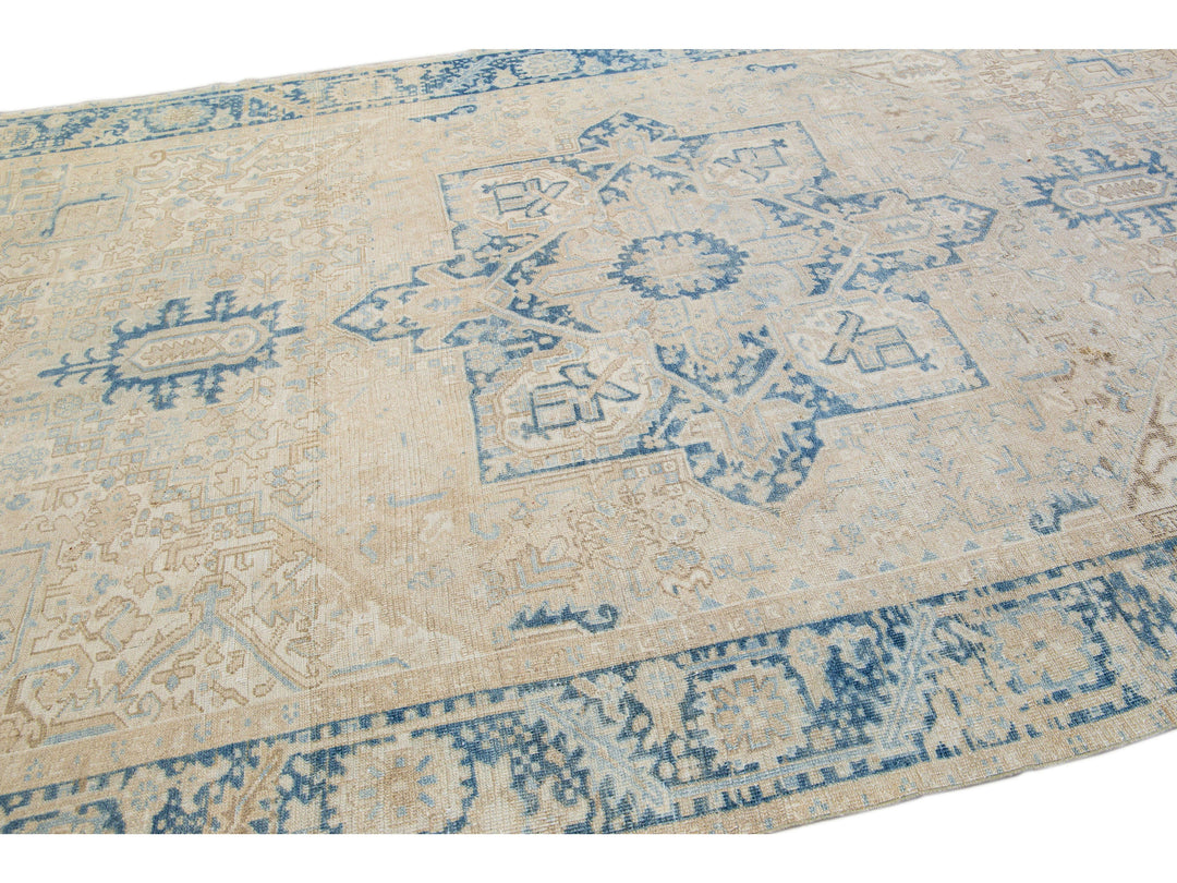 Antique Persian Heriz Handmade Medallion Beige Wool Rug