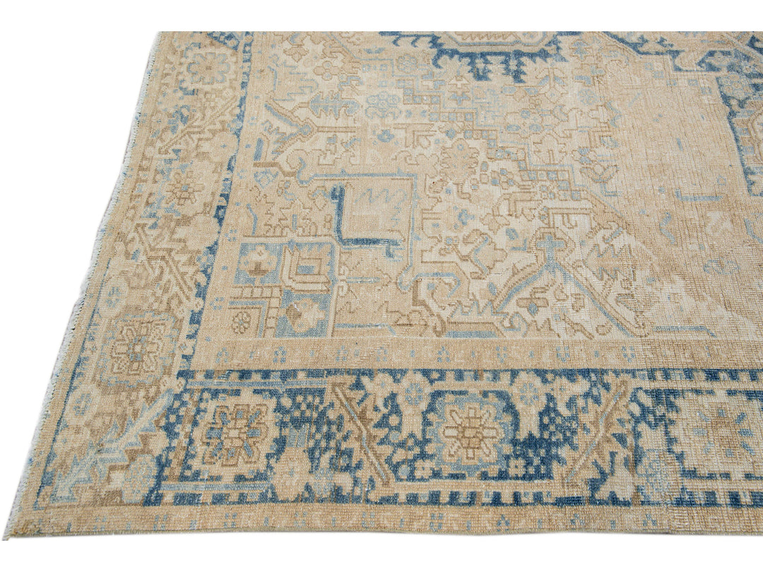 Antique Persian Heriz Handmade Medallion Beige Wool Rug