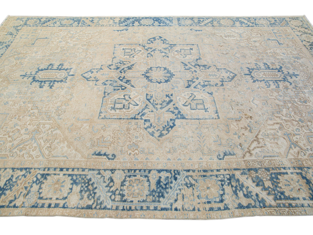 Antique Persian Heriz Handmade Medallion Beige Wool Rug