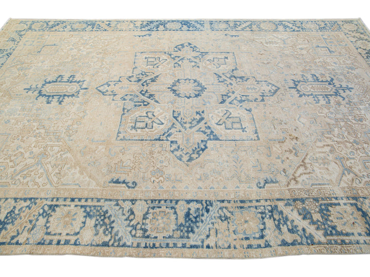 Antique Persian Heriz Handmade Medallion Beige Wool Rug