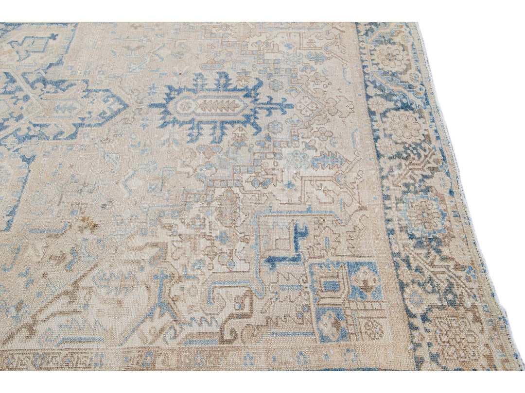 Antique Persian Heriz Handmade Medallion Beige Wool Rug