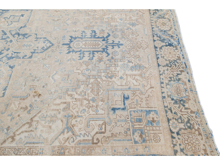 Antique Persian Heriz Handmade Medallion Beige Wool Rug