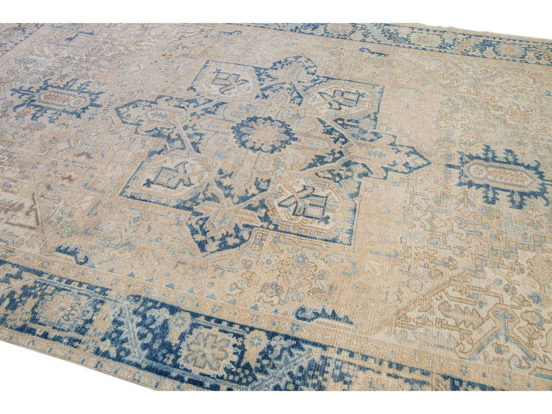 Antique Persian Heriz Handmade Medallion Beige Wool Rug