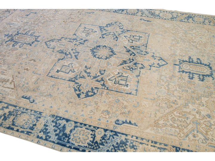 Antique Persian Heriz Handmade Medallion Beige Wool Rug