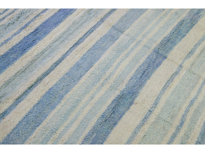 Modern Moroccan Style Handmade Stripe Pattern Ivory And Blue Wool Rug