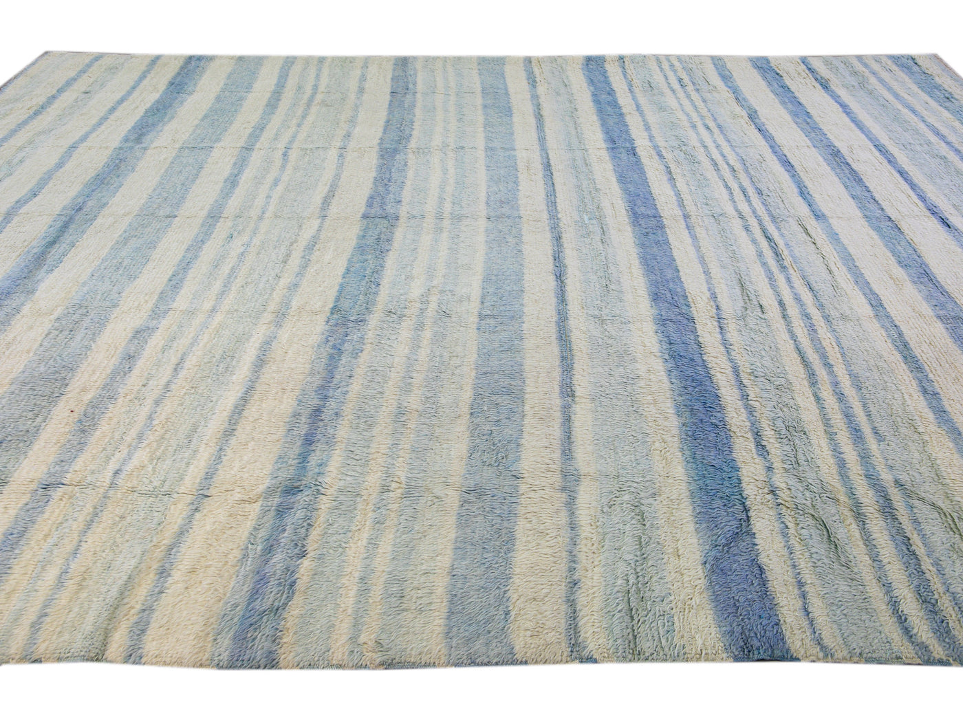 Modern Moroccan Style Handmade Stripe Pattern Ivory And Blue Wool Rug