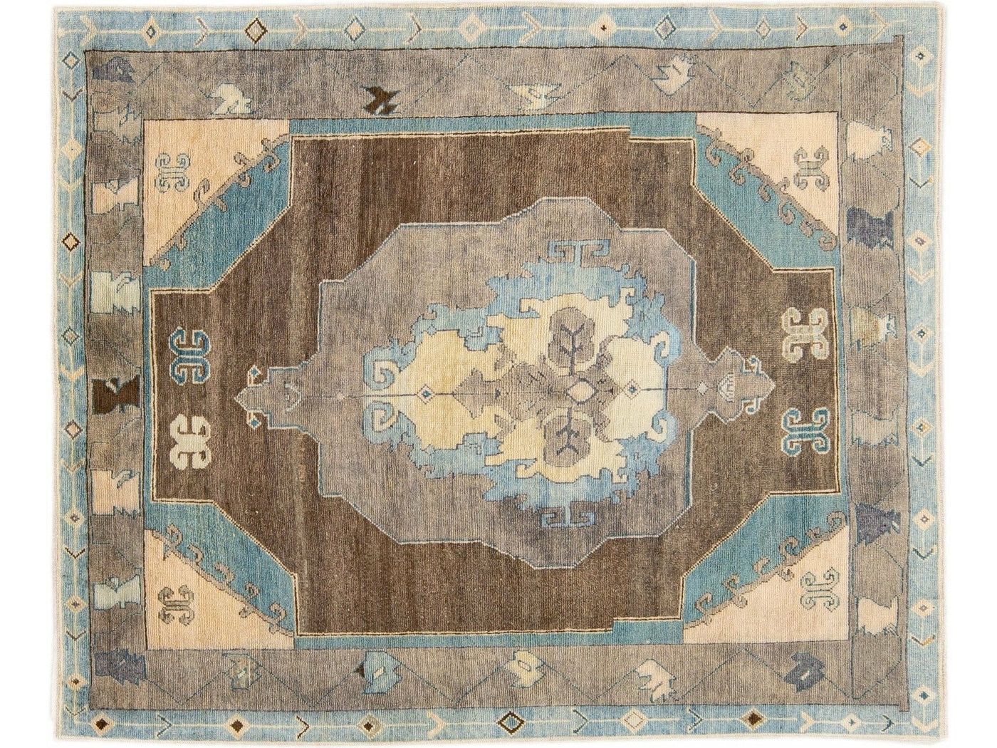 Brown Modern Oushak Handmade Medallion Floral Motif Wool Rug