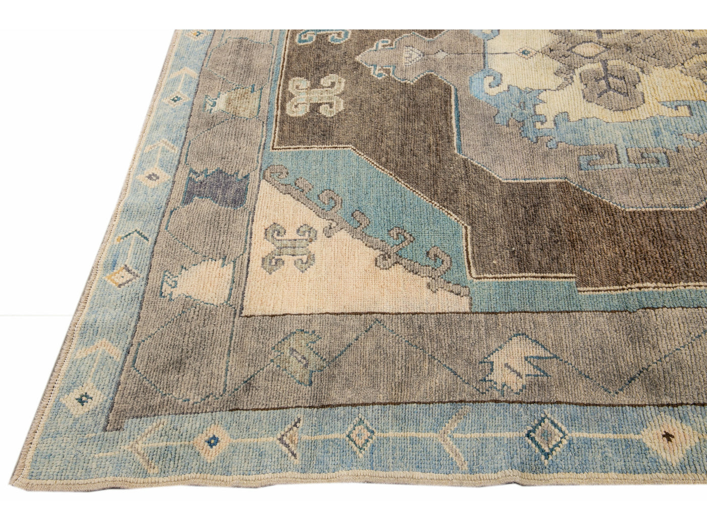 Brown Modern Oushak Handmade Medallion Floral Motif Wool Rug