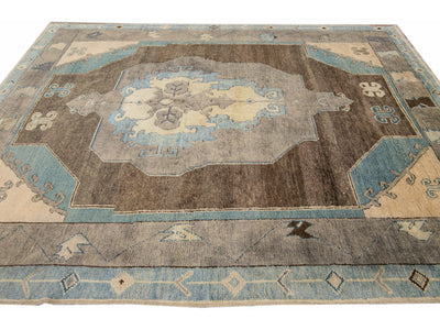 Brown Modern Oushak Handmade Medallion Floral Motif Wool Rug