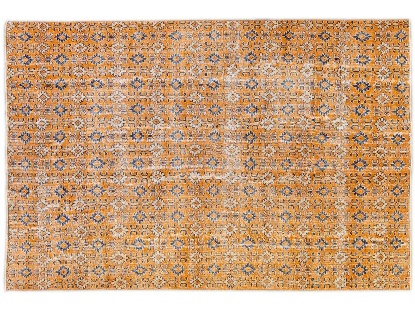 Vintage Turkish Deco Handmade Geometric Floral Pattern Orange Wool Rug
