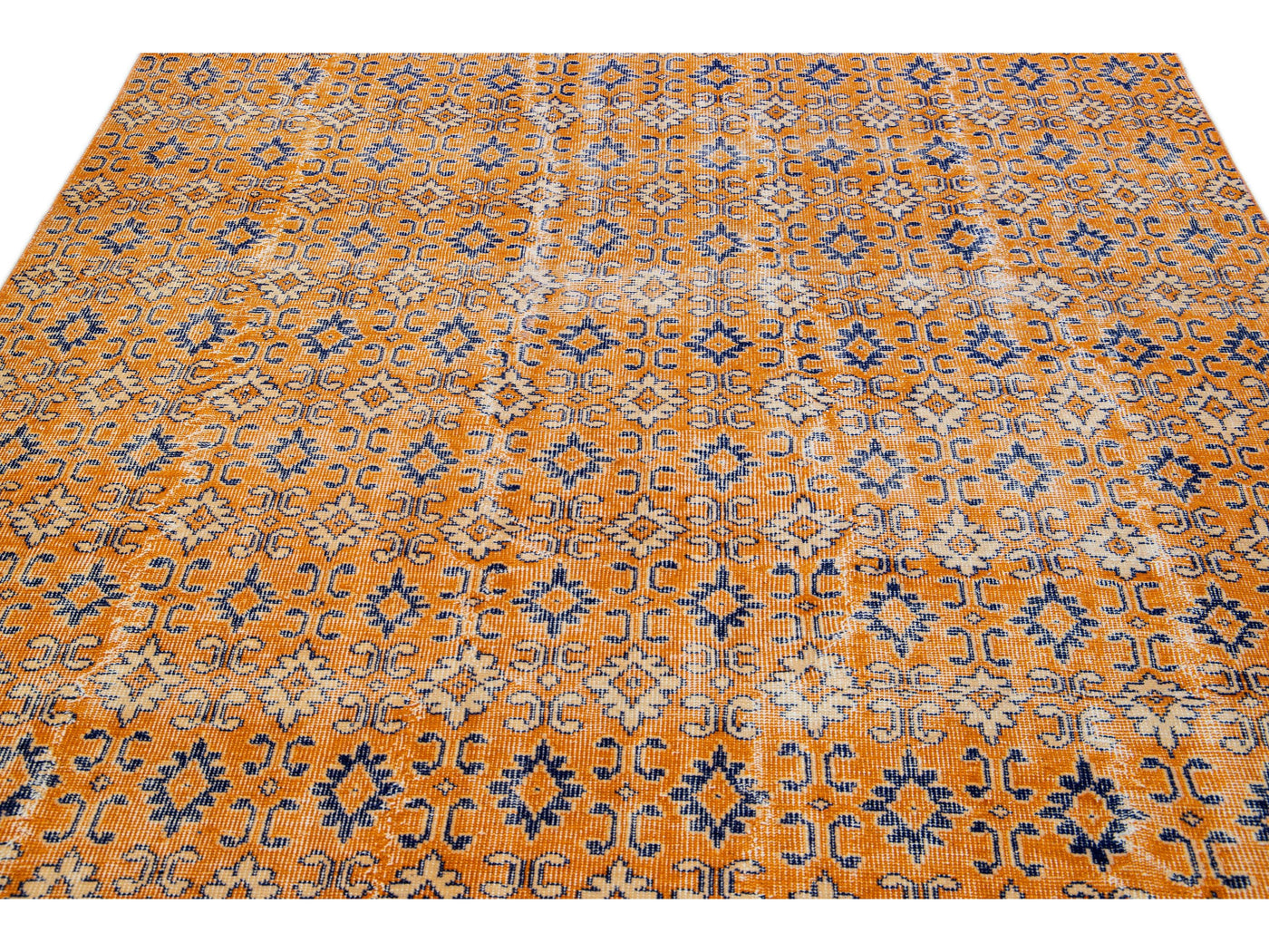 Vintage Turkish Deco Handmade Geometric Floral Pattern Orange Wool Rug