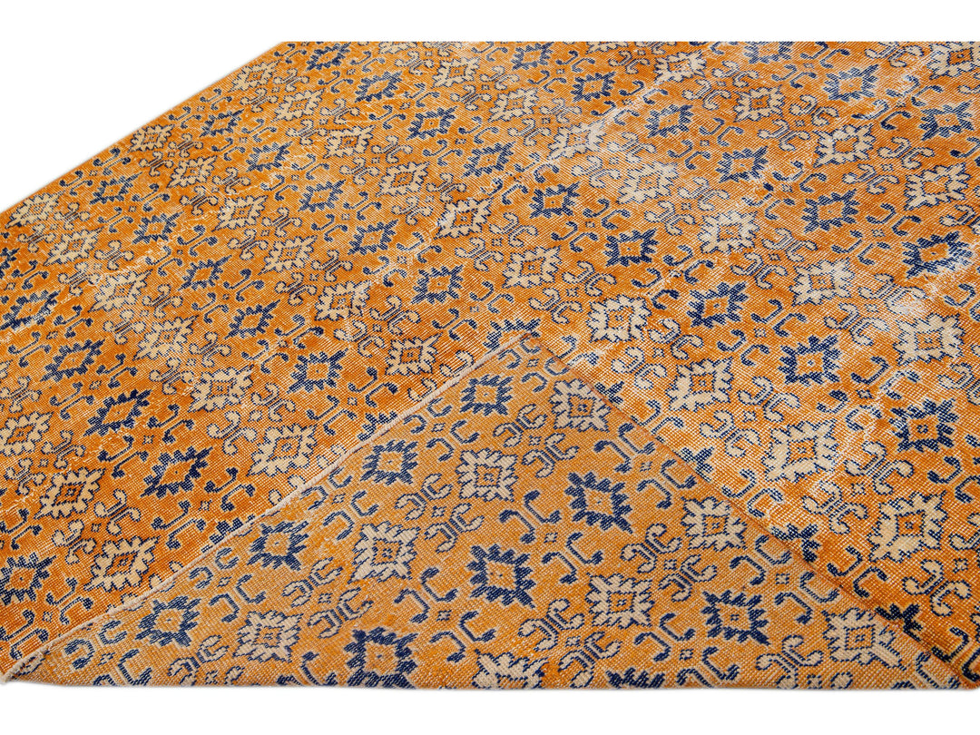 Vintage Turkish Deco Handmade Geometric Floral Pattern Orange Wool Rug