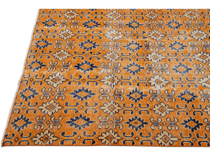 Vintage Turkish Deco Handmade Geometric Floral Pattern Orange Wool Rug