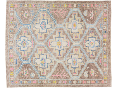 Brown Modern Turkish Handmade Wool Rug with Multicolor Geometric Motif