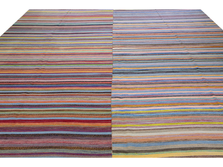 Modern Striped Kilim Flatweave Multicolor Handmade Wool Rug