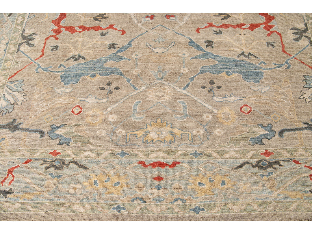 Modern Sultanabad Beige Handmade Square Medallion Designed Wool Rug